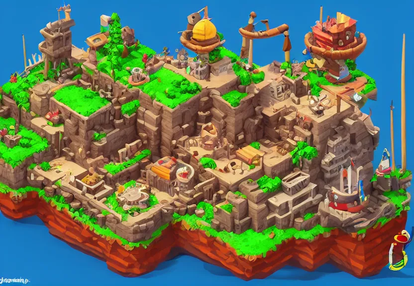 Image similar to isometric chubby 3 d game level, based on pirate kings, with detailed, clean, cartoon, octane render, unreal engine, artgerm, artstation