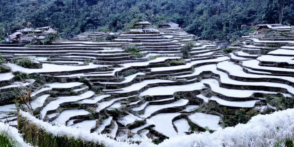 Image similar to a photo of ifugao rice terraces in the Philippines snowing and everything is covered with snow, winter wonderland, tropical snow, bad cold weather