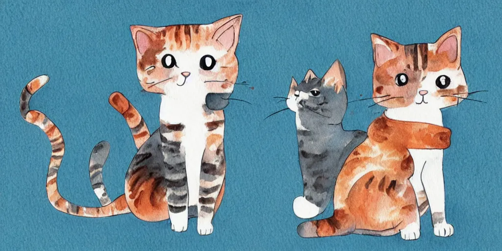 Prompt: watercolor illustration style, cute! cats!!! play with different things