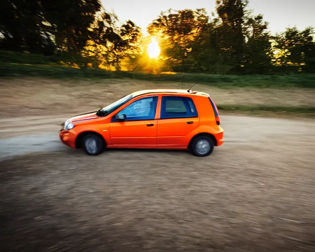 Image similar to border collie dog in the driver's seat of an orange nissan note, paws on wheel, car moving very fast, rally driving photo, award winning photo, golden hour, front of car angle, extreme horizontal background blur, 3 0 0 mm lens