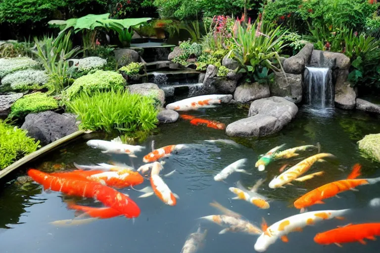 Prompt: a koi pond for the koi gods in mystical armour, magical aura, flying particles, mystical