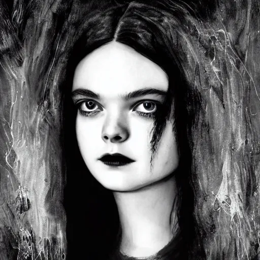 Prompt: a striking esoteric painting of Elle Fanning , dark, metal, black background, occult, by Edward Hughes