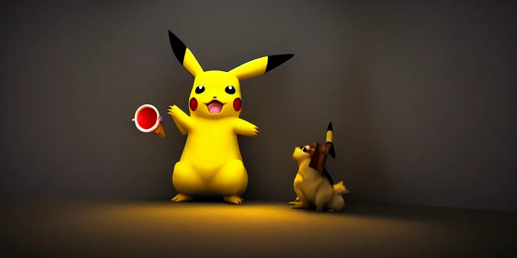 Image similar to pikachu devouring a dog sharp teeth burtal eyes scary mouth dark room red candles trash bin octane unreal engine render 8k photorealistic extreme detail textured