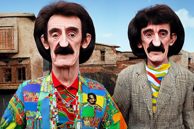 Image similar to Barry Chuckle as neo-Andean architecture by Freddy Mamani, realistic human-building hybrid