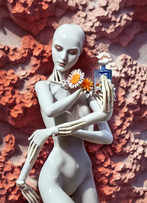 Image similar to marble mannequin carrying perfume bottle, biomechanical corals daisies rhizomorphs in an ivory room well contoured smooth fair walls, up close shot, sharp focus, global illumination, radiant light, alexandre ferra white mecha, irakli nadar, octane highly render, 4 k, ultra hd,