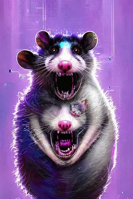 Image similar to a beautiful portrait of a cute cyberpunk opossum screaming by sandra chevrier and greg rutkowski and wlop, purple blue color scheme, high key lighting, volumetric light, digital art, highly detailed, fine detail, intricate, ornate, complex, octane render, unreal engine, photorealistic