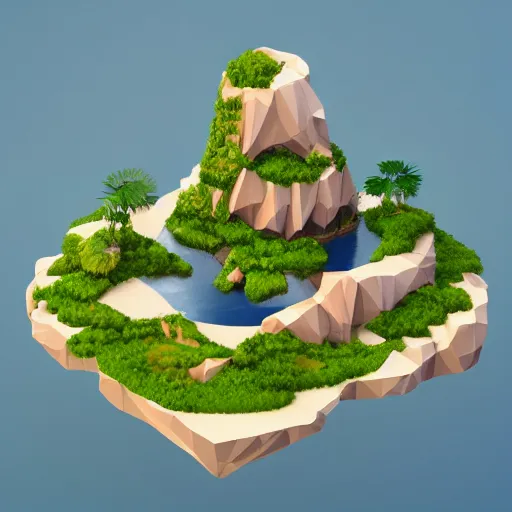 Prompt: a floating island on an aquatic environment isometric art, low poly art, game art, artstation, 3D render, high detail, cgsociety, unreal engine 5