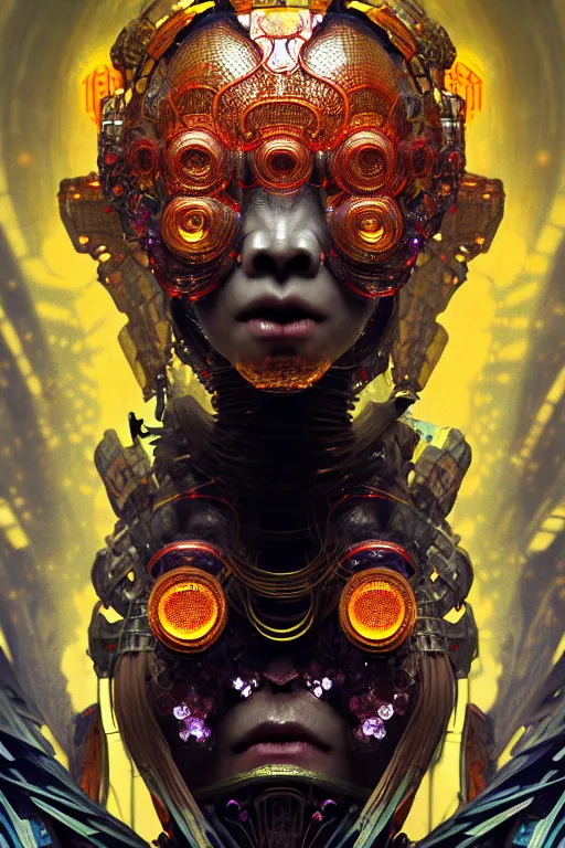 Image similar to asura from chinese myth, ghost, gorgeous and huge head ornaments, dystopian, cyberpunk, organic fractal mycelum and fungi, mecha, halfturn portrait of a big crystal face made of crystals half - turn, ominous, intricate, studio, art by anthony macbain + greg rutkowski + alphonse mucha, concept art, 4 k, sharp focus