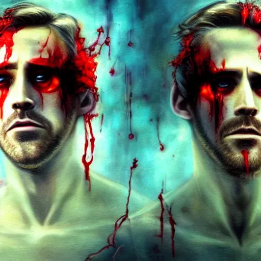 Image similar to Ryan Gosling twins emerging from corpses in a red hellscape covered in blood by Yoshitaka Amano, by HR Giger, full body wide shot, biomechanical, 4k, hyper detailed, hyperrealism, anime, red sky, blood and body parts, deviantart, artstation