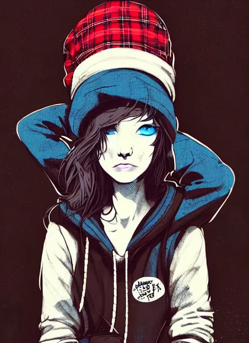 Prompt: highly detailed 3 / 4 profile portrait of an new york sewer punk lady student, blue eyes, tartan hoody, hat, white hair by atey ghailan, by greg tocchini, by kaethe butcher, by james gilleard, gradient red, black, brown, cream and white color scheme, grunge aesthetic!!! ( ( graffiti tag wall ) )