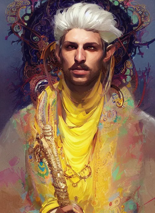 Image similar to a beautiful detailed painting of a gypsy male bard in colorful ornate robes robes, pale skin, white hair, yellow eyes, master of dreams art by jon foster trending on artstation painted by greg rutkowski, painted by stanley artgerm