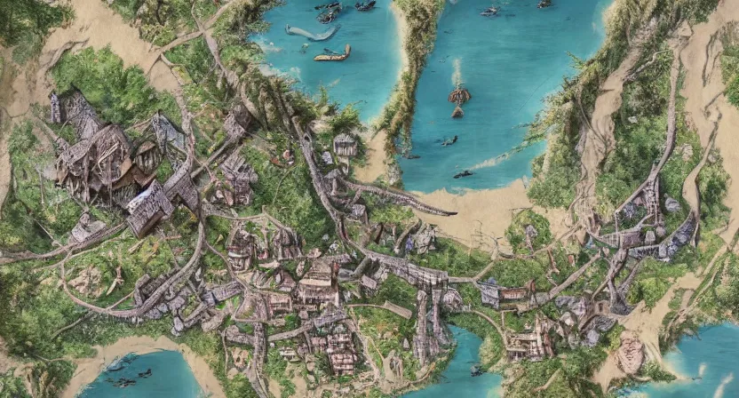 Prompt: Detailed overhead Photorealistic Map of very small poor village in magical world, dragon flies above, cthulhu emerges from the nearby beach, Greg Rutkowski, trending on Artstation