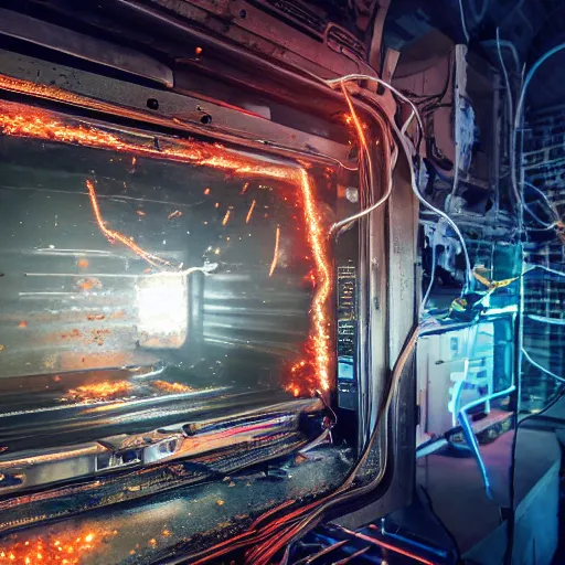 Image similar to overcharging toaster oven, tangles of metallic cables, dark messy smoke - filled cluttered workshop, dark, dramatic lighting, orange tint, sparks, plasma charges, cinematic, highly detailed, sci - fi, futuristic, movie still