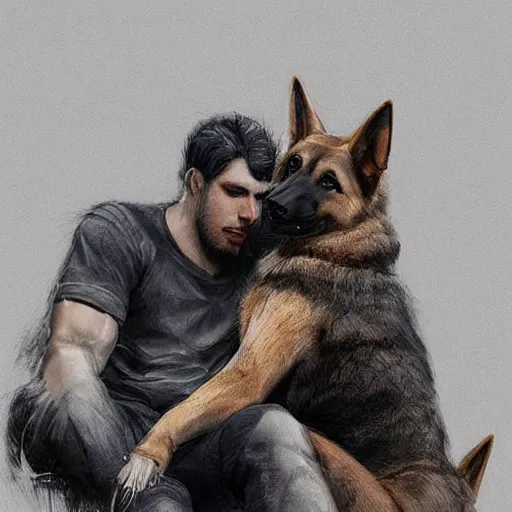 Image similar to two humanoid german shepherds beast - men, sitting on a couch and hugging together, artstation, concept art, smooth, sharp foccus ilustration, artstation