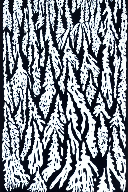 Image similar to reaction diffusion artwork of a winter forest, reaction diffusion linocut, as reaction diffusion