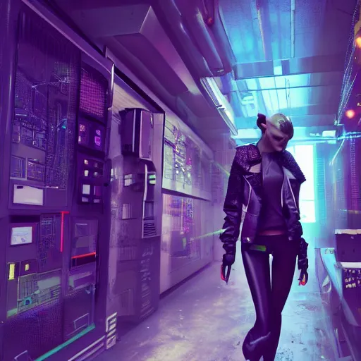 Image similar to a digital illustration of a cyberpunk fashion girl wearing street urban futuristic cyberpunk clothing in the interior of a cyberpunk lab, inside there are drones and robots and a vending machine with neon lighting and foggy environment by craig mullins, 3d scene, render, ultra realistic, ray tracing, night time, volumetric light, artstation, cgsociety, level design, unreal engine, 3d scene, zenith view