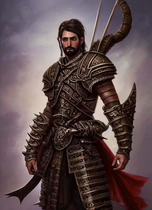 Image similar to portrait of an athletic male conquistador as a diablo 3 character, looking at camera, D&D, armor master, long dark hair, intricate, elegant, stylish, cute smile, fantasy, extremely detailed, digital painting, artstation, concept art, smooth, sharp focus, illustration, ambient lighting, art by artgerm and greg rutkowski and alphonse mucha and simon stalenhag