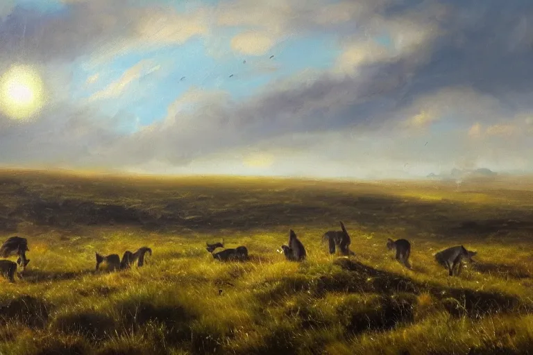 Image similar to a field moorland with a group of cats travelling, trending on artstation, by wayne mcloughlin, backlighting