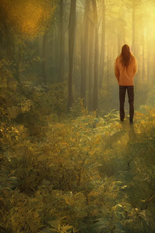 Image similar to young man with long hair made of real gold, slender, back view, trees, detailed forest background, webtoon, breathtaking scenery, colourful, 8 k, graphic novel, digital art trending on artstation, volumetric lighting, octane render, cinematic, hyper detailed, magical atmosphere