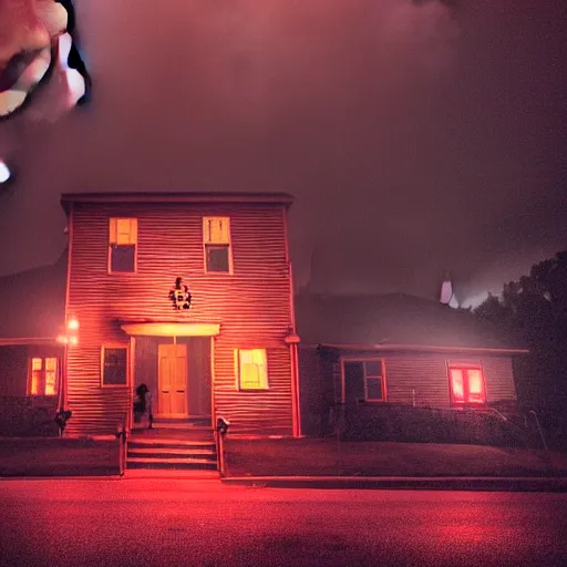 Image similar to a spooky monster house with glowing red eyes on a dimly lit street during a thunderstorm, cinematic, award winning horror photography