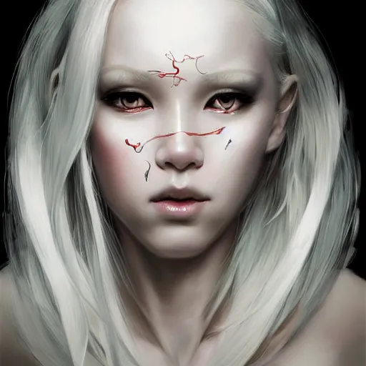 Image similar to A masterpiece portrait of a A albino Asian blonde girl with large nose ring and obsidian in her forehead. Goddess of matrix. trending on artstation, digital art, by Stanley Artgerm Lau, WLOP, Rossdraws, James Jean, Andrei Riabovitchev, Marc Simonetti, Yoshitaka Amano