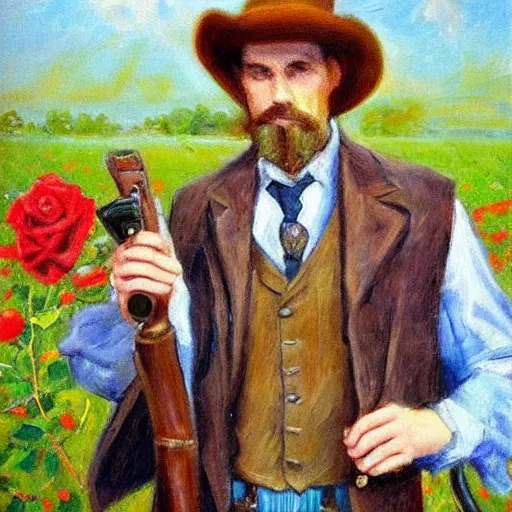 Image similar to an impressionist painting of a tall man with blue eyes and brown hair that is wearing a wide brim leather hat and a leather vest. He is holding a revolver in his left hand and a ((((red rose is in his right hand))))!!!!!!!!!!!, He is standing in a field of roses, Blue sky in the background, trending on artstation