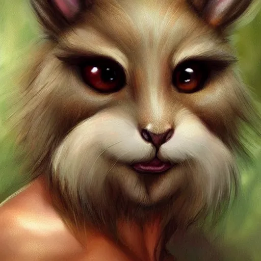 Prompt: cute anthropomorphic bunny, green eyes, light brown fur, wlop, artgerm, royo