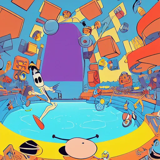 Prompt: colorful pixar, mcbess illustration, a portal to another world, opened in the middle of a swimming pool