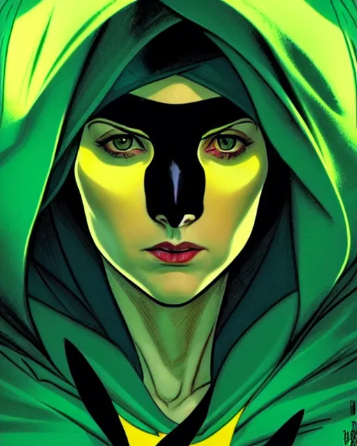 Image similar to Rafeal Albuquerque comic art, Joshua Middleton comic art, cinematics lighting, beautiful Anna Kendrick supervillain, green dress with a black hood, yellow eyes, angry, symmetrical face, full body, flying in the air, night time, red mood in background