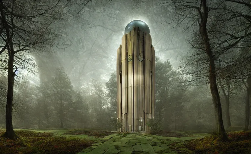 Prompt: a neoclassical tower with dome on a magical gloomy mystical forest. by frank lloyd wright, wlop, futuristic