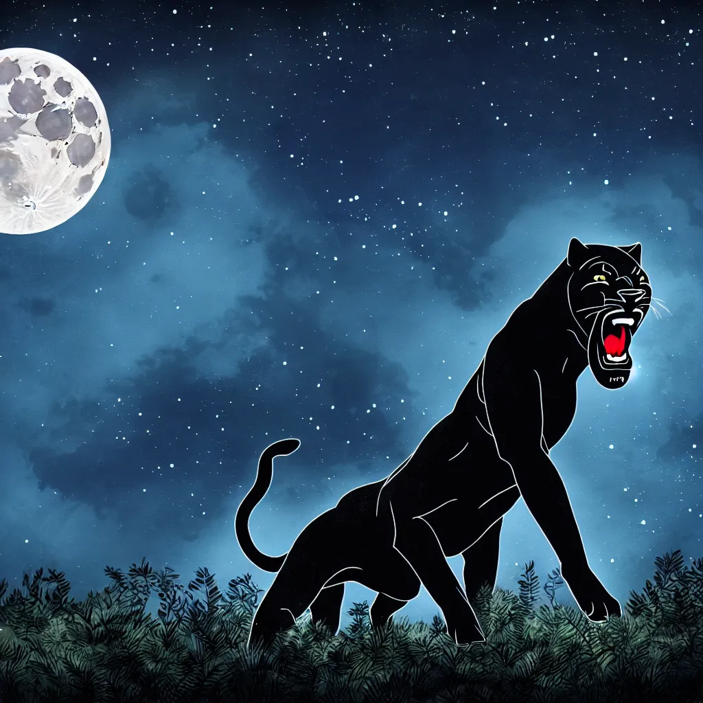 Image similar to a panther roaring at the moon in a forest during the night, large moon in the center. high quality. artistic. illustration. 4 k. cinematic. photoreal. highly detailed. dramatic. dark colors. night.