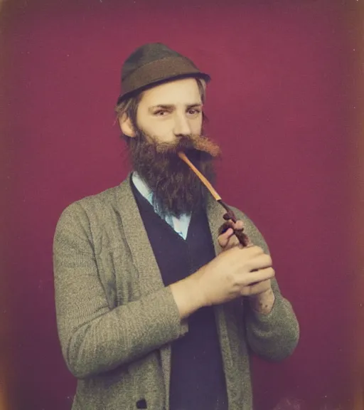 Prompt: color polaroid picture of a hipster man smoking a tobacco pipe. diffuse background