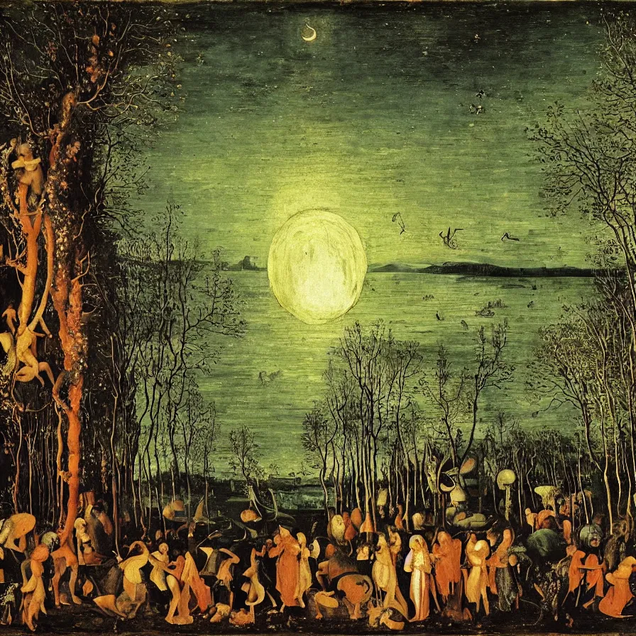 Image similar to renaissance painting of a night carnival around a magical tree cavity, with a surreal orange moonlight and fireworks in the background, next to a lake with iridiscent water, christmas lights, folklore animals and people disguised as fantastic creatures in a magical forest by summer night, masterpiece painted by jan van goyen, scene by night, dark night environment, refraction lights, glares