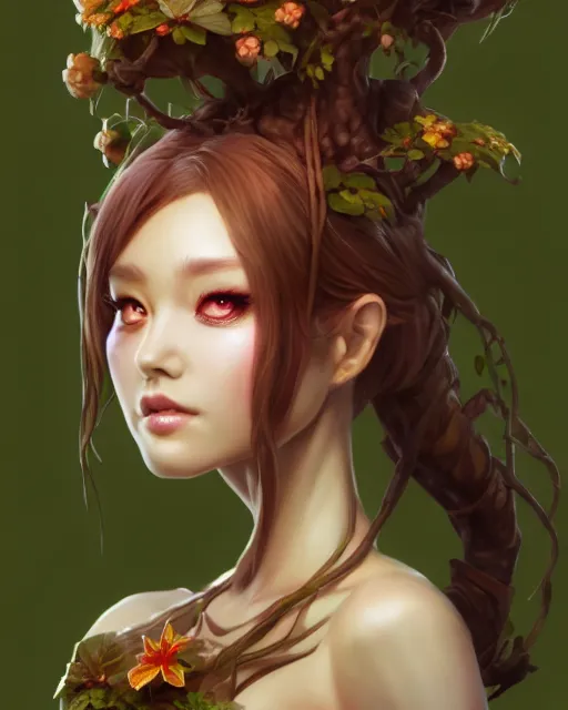 Prompt: character concept art of ssunbiki as a dryad | | foliage clothing, cute - fine - face, pretty face, realistic shaded perfect face, fine details by stanley artgerm lau, wlop, rossdraws, james jean, andrei riabovitchev, marc simonetti, and sakimichan, tranding on artstation