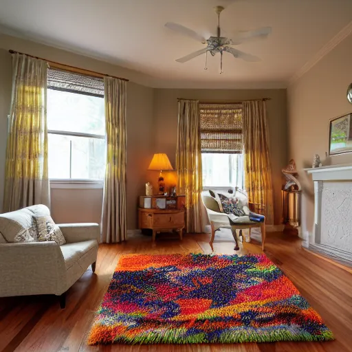 Prompt: cream color maine coon cat chasing a cat feather toy in a sunlit bedroom, hardwood floors with a colorful throw rug, bay window sofa in the background, high energy, by Jeff Easley