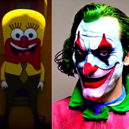 Image similar to spongebob wearing the costume and makeup of the joaquin phoenix joker from the film joker