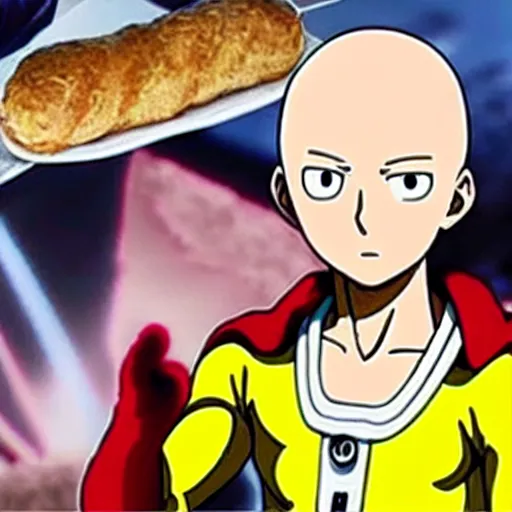 Image similar to saitama one punch man cooking long bread, bakery