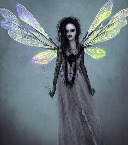 Prompt: gothic fairy with dragonfly wings, digital painting, liminal eerie midnight backlit, a picture taken by Michael Komarckand Daniel Dos Santos