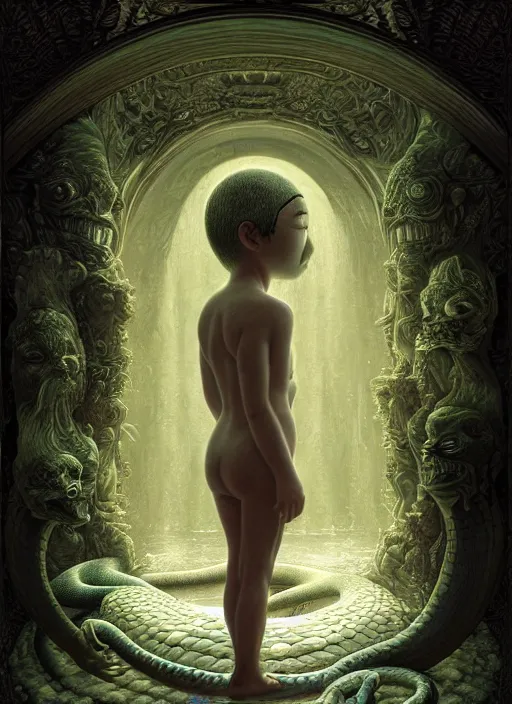 Image similar to hyperreal ultra detailed hypnagogic recollections from the waters of the unconscious. a 3 d psychopomp watching on. a child's face in the mirror, a doorway threshold, a snake, ismooth, sharp focus, global illumination, ornate, art by shaun tan, fenghua zhong and daniel merriam and dan mumford octane render