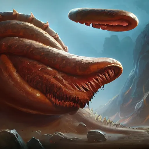 Image similar to a giant earthworm, worm monster, worm mouth, rock and dust, earthworm brown theme, bright art masterpiece artstation. 8 k, sharp high quality artwork in style of jose daniel cabrera pena and greg rutkowski, concept art by tooth wu, blizzard warcraft artwork, hearthstone card game artwork, earthworm rising from the ground