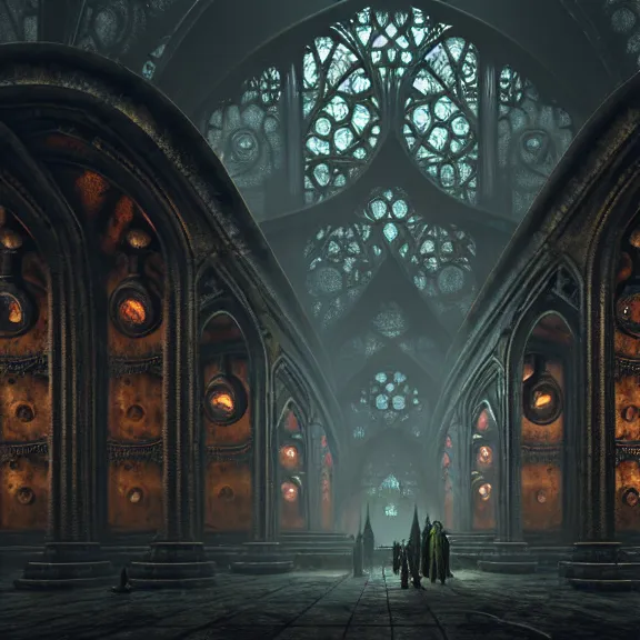 Image similar to steam necropolis, memento mori, gothic, neo - gothic, art nouveau, hyperdetailed copper patina medieval icon, stefan morrell, philippe druillet, ralph mcquarrie, concept art, steampunk, unreal engine, detailed intricate environment, octane render, moody atmospherics, volumetric lighting, ultrasharp, ominous, otherworldly