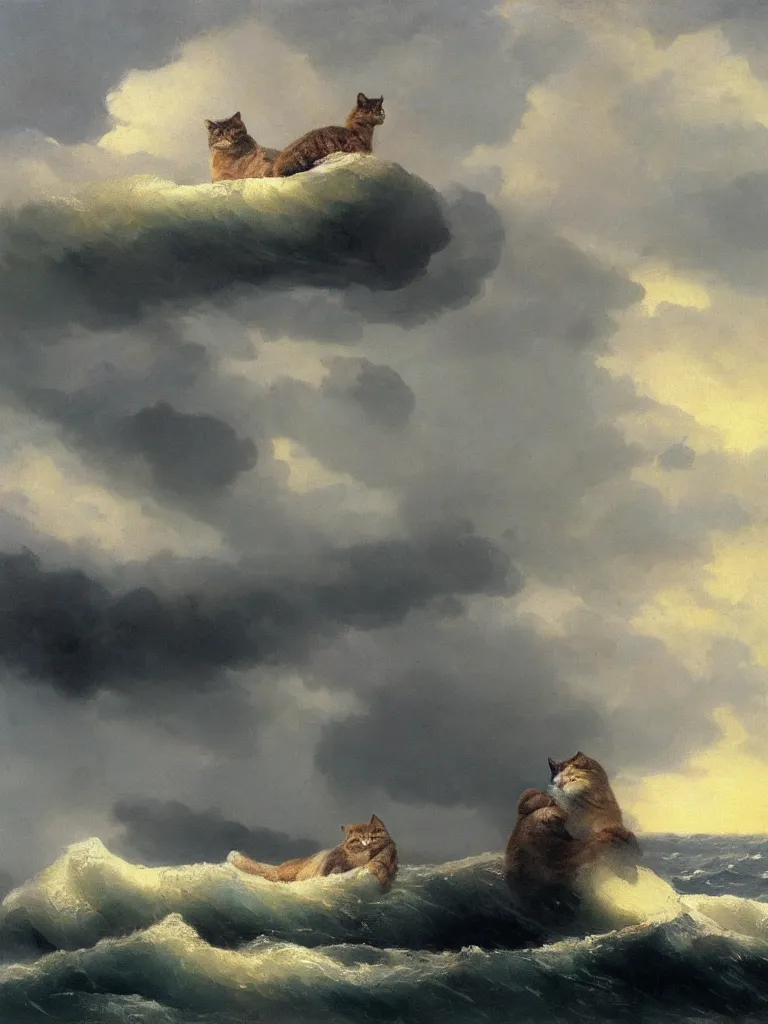 Prompt: big cat in the stormy ocean, the cat is bigger than the waves, rocks, near the shore, aivazovsky style, oil painting, high quality, realism