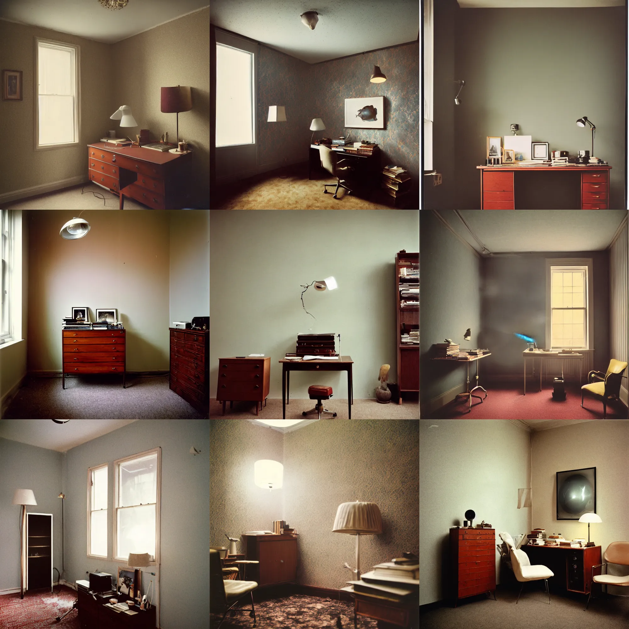 Image similar to kodak portra 4 0 0, wetplate, 8 mm extreme fisheye, award - winning portrait by britt marling of a 1 9 6 0 s private office room, picture frames, shining lamps, dust, smoke 1 9 6 0 s elegant metal furniture, wallpaper, carpet, books, muted colours, fog
