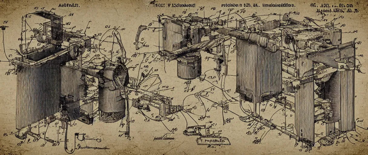 Image similar to a detailed Leonardo DaVinci sketch of a creativity amplification mechanism operated by the human imagination, in the style of a US Patent drawing