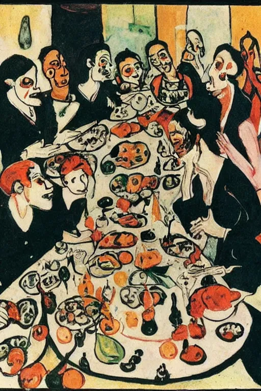 Prompt: scene from a dinner party, guests eating their brains out at a long table, queen in black silk in the center of the table, style by oskar kokoschka