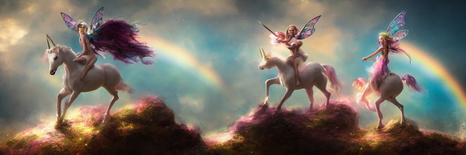 Prompt: a fairy riding a unicorn on the top of a rainbow, pastel tones, sparkles, glitter, octane render, 8k, flat brush, matte painting, trending on artstation, by Antonio J. Manzanedo