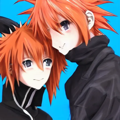 Image similar to orange - haired anime boy, 1 7 - year - old anime boy with wild spiky hair, standing next to 1 7 - year - old pale - skinned persian girl with black hair long bob cut, long bangs, black gothic jacket, ultra - realistic, sharp details, subsurface scattering, blue sunshine, intricate details, hd anime, 2 0 1 9 anime