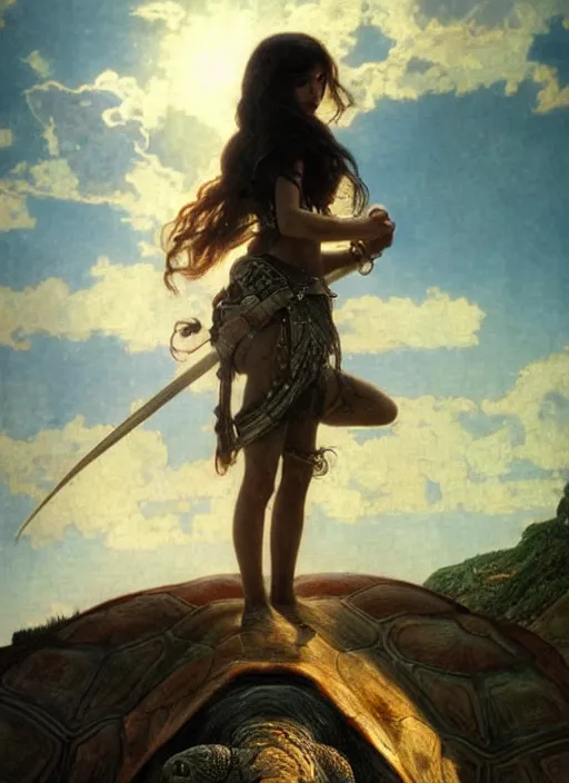 Prompt: a little warrior girl standing on top of one giant turtle in the desert. the girl has dark skin and beautiful green eyes, realistic full body and a very beautiful detailed symmetrical face with long black hair. diffuse light, dramatic sky and landscape, extreme long shot fantasy illustration by mucha