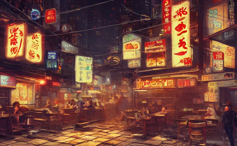 Image similar to a small cozy hole in the wall ramen restaurant nestled in a busy street of a bustling thriving cyberpunk city at night, trending on cgsociety, unreal engine, 4 k wallpaper