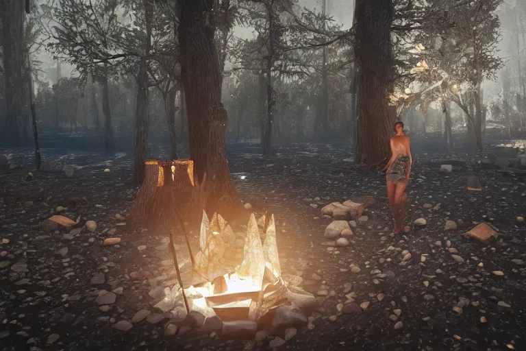 Image similar to a beautiful woman made out of crystal ice sitting by a campfire and slowly melting, by iris van herpen, unreal engine 5, volumetric lighting, path tracing, outdoor campfire pit